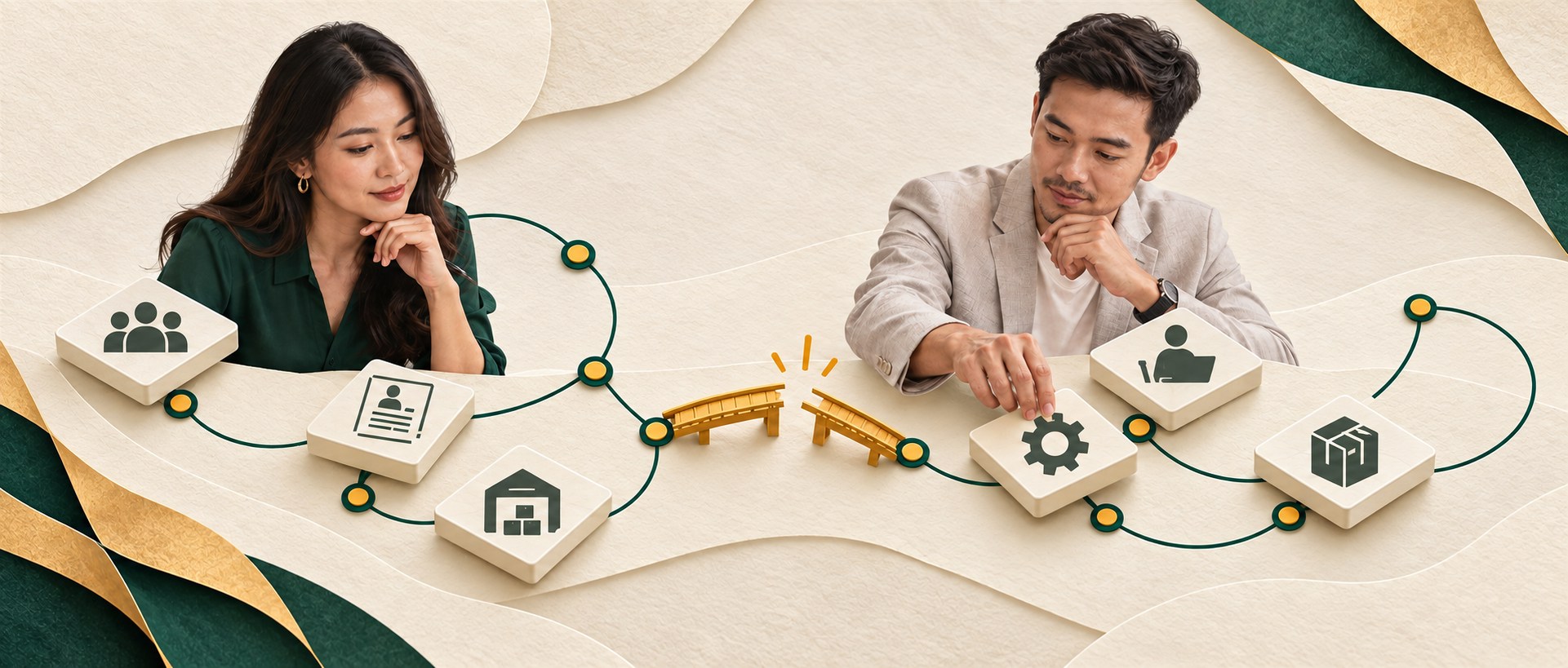 Two people review team and operations tiles across a paper bridge