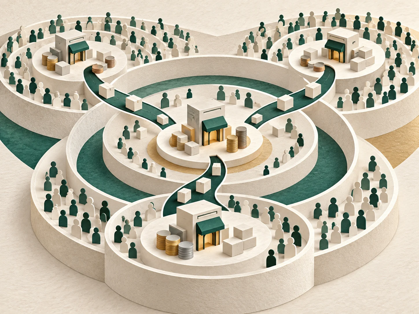 Illustration of one business reaching several larger markets through connected storefronts