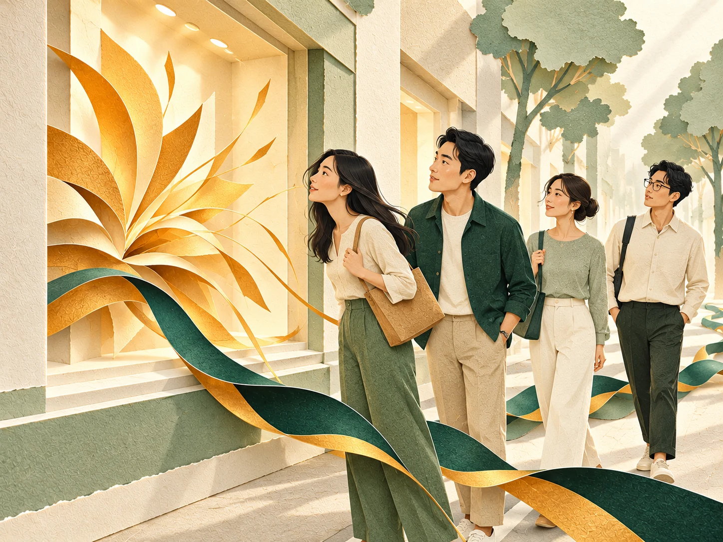 Four illustrated passersby notice an amber paper display while a green ribbon runs along the street