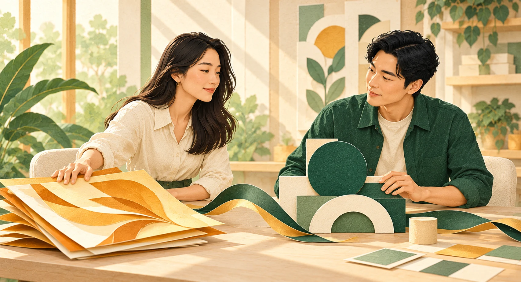 Two illustrated colleagues set aside amber proposals while keeping green brand forms at the center