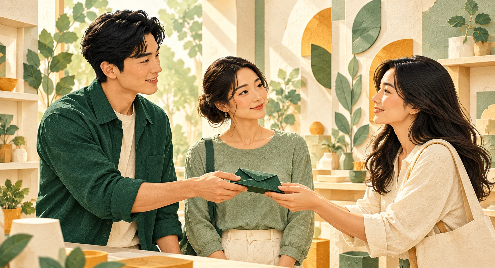 Three illustrated people exchange one folded green paper form in a friendly setting