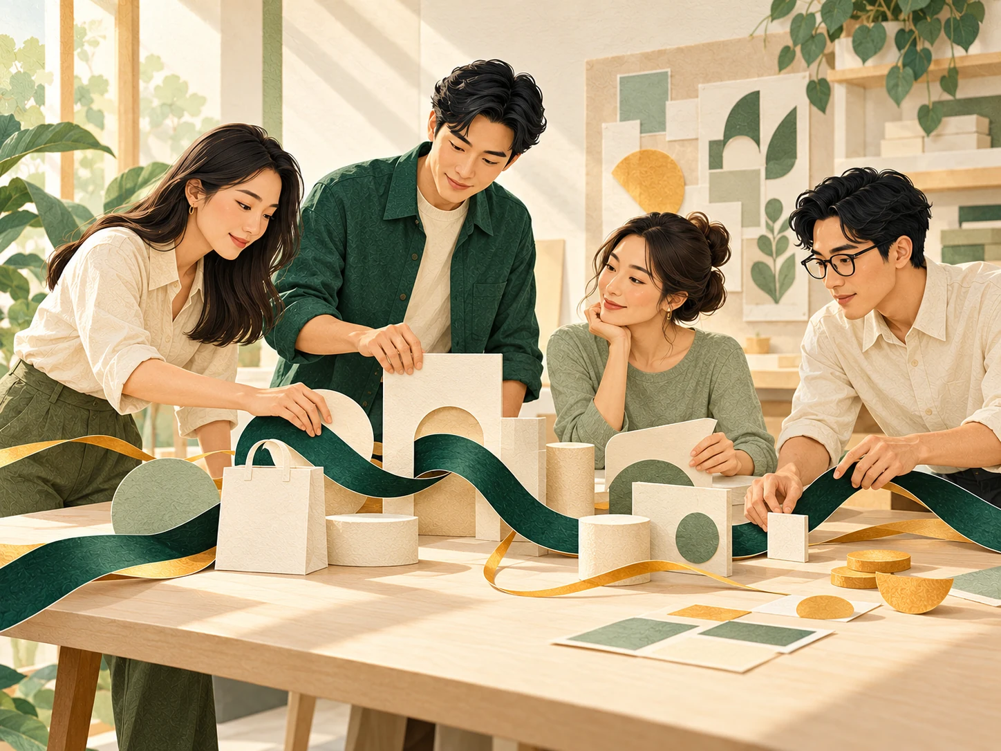 Four illustrated colleagues arrange blank paper pieces around one continuous green ribbon at a worktable