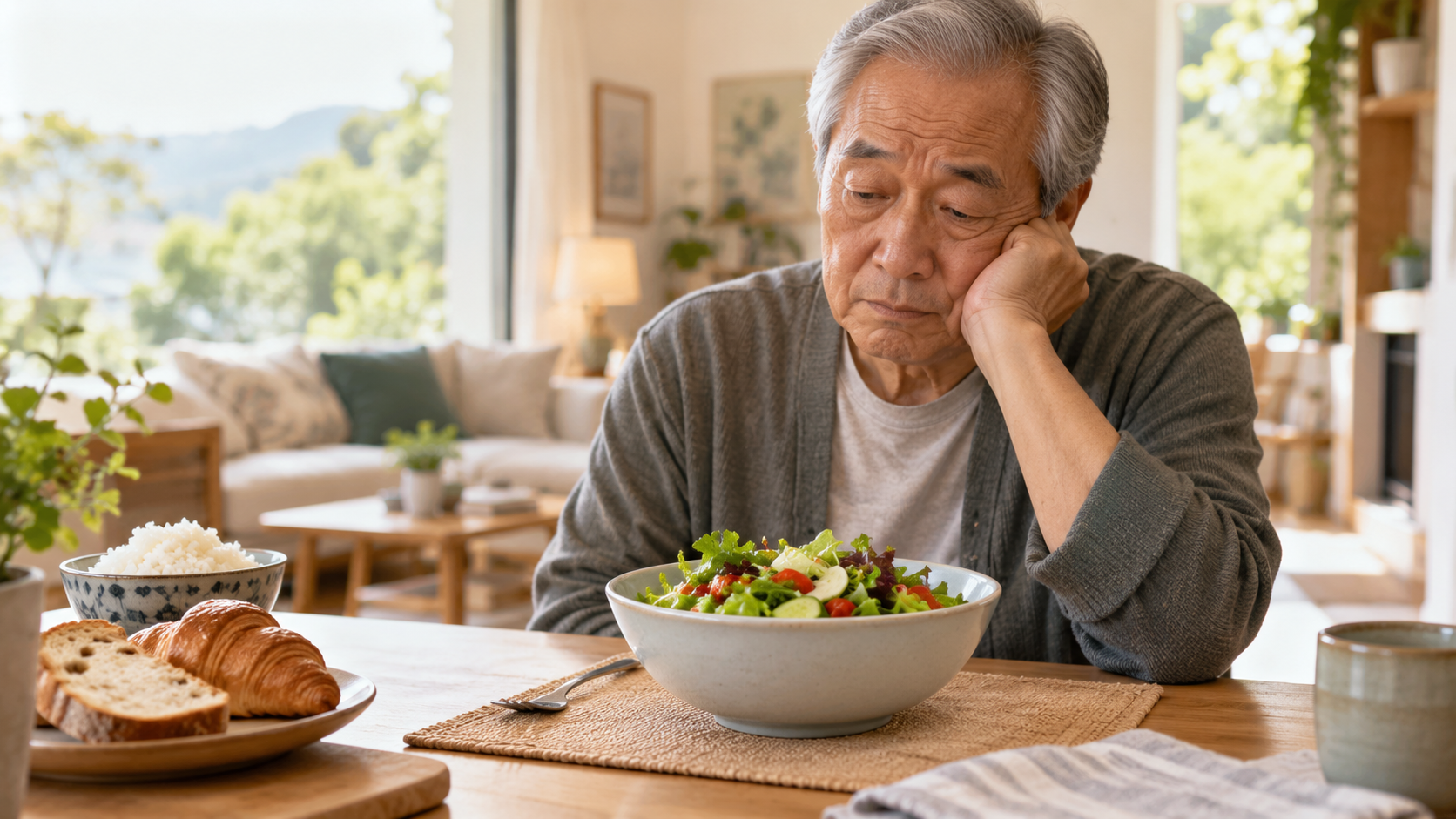 Older man looking discouraged at a table with salad, rice and bread