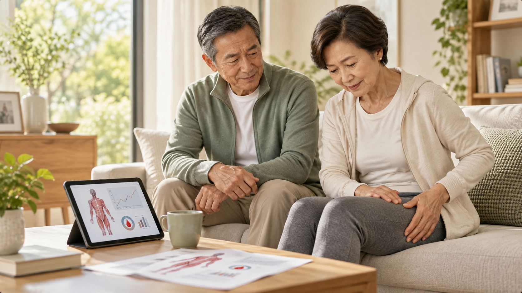 Older couple discussing muscle health information at home