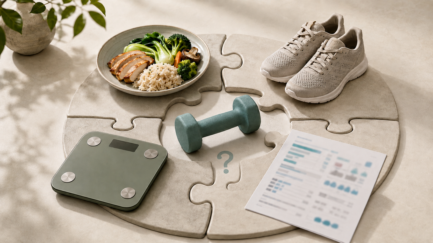 Healthy food, walking shoes, a scale and dumbbell arranged as puzzle pieces