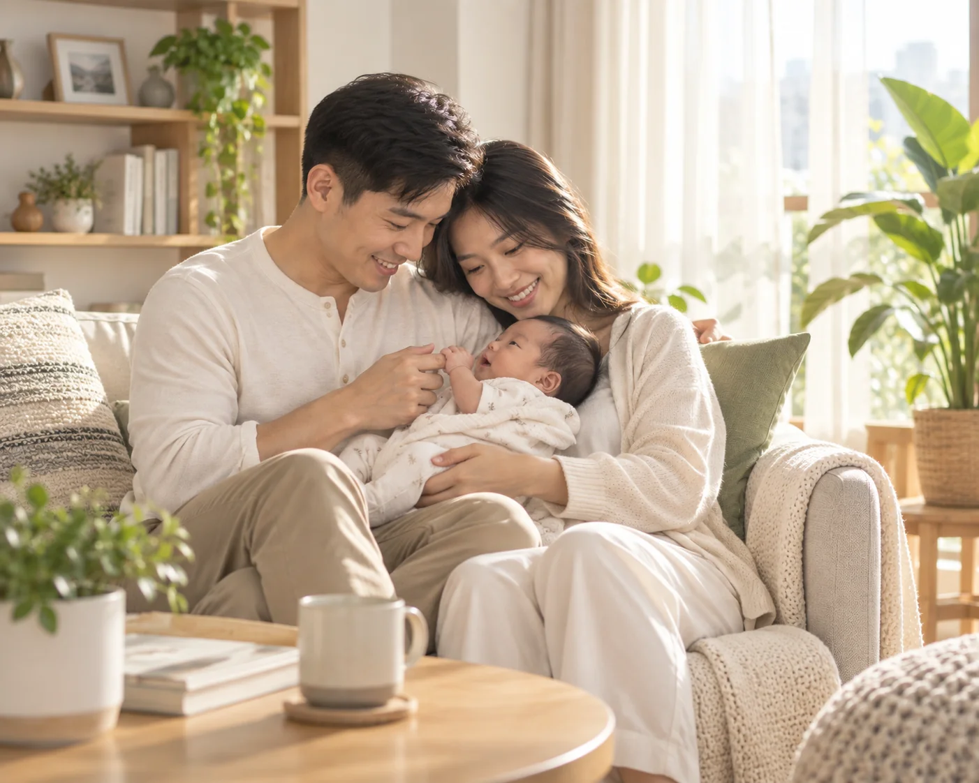 Parents smiling at their baby together at home