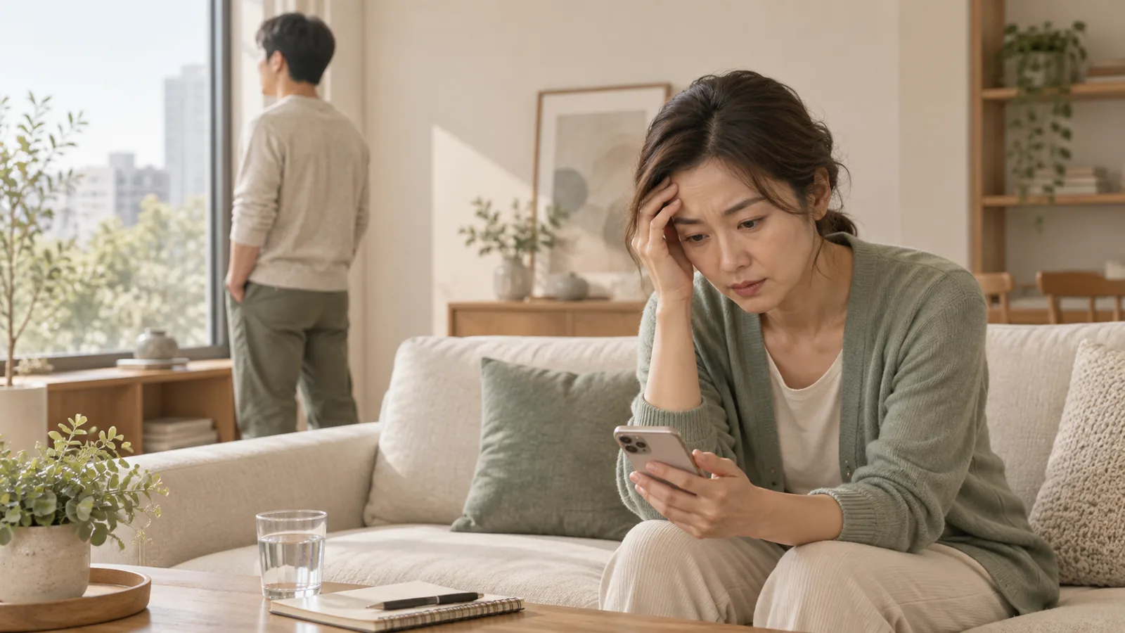 A woman looking at her phone while her partner stands apart